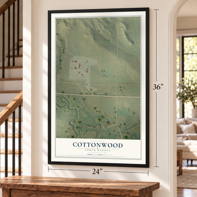 Cottonwood, South Dakota map, 24 x 36 inch print in a black frame by a staircase