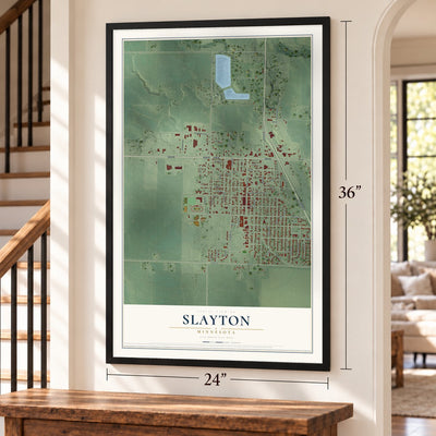 Slayton, Minnesota map, 24 x 36 inch print in a black frame by a staircase