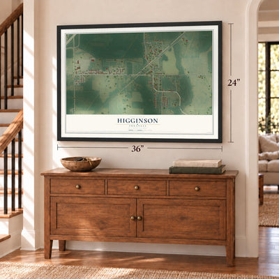 Higginson, Arkansas map, 24 x 36 inch print in a black frame above a dresser by a staircase