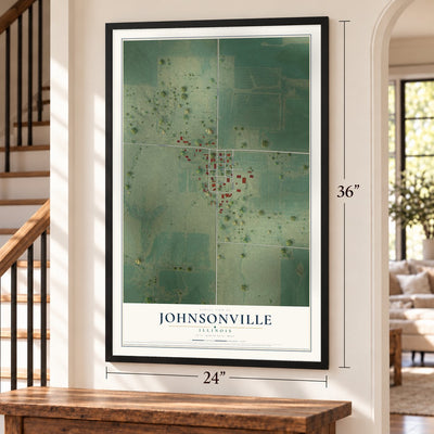 Johnsonville, Illinois map, 24 x 36 inch print in a black frame by a staircase