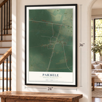 Parmele, North Carolina map, 24 x 36 inch print in a black frame by a staircase