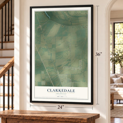 Clarkedale, Arkansas map, 24 x 36 inch print in a black frame by a staircase