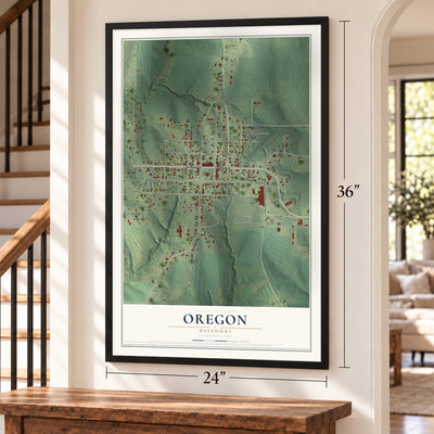 Oregon, Missouri map, 24 x 36 inch print in a black frame by a staircase