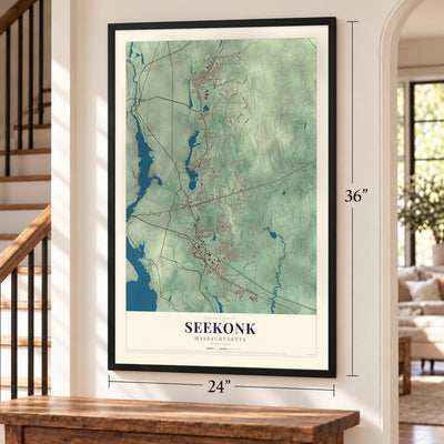 Seekonk, Massachusetts map, 24 x 36 inch print in a black frame by a staircase