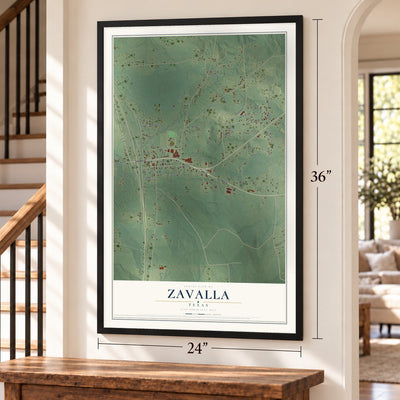 Zavalla, Texas map, 24 x 36 inch print in a black frame by a staircase