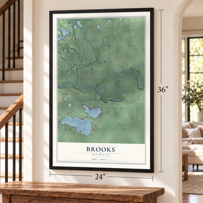 Brooks, Michigan map, 24 x 36 inch print in a black frame by a staircase