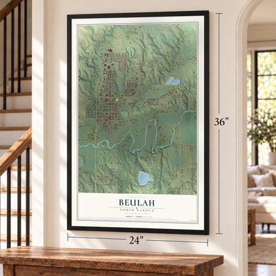 Beulah, North Dakota map, 24 x 36 inch print in a black frame by a staircase