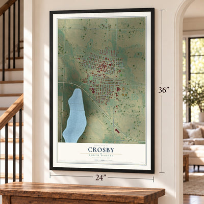 Crosby, North Dakota map, 24 x 36 inch print in a black frame by a staircase