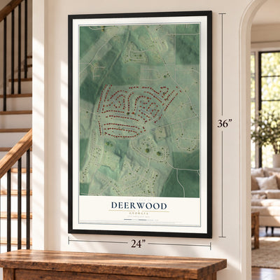 Deerwood, Georgia map, 24 x 36 inch print in a black frame by a staircase