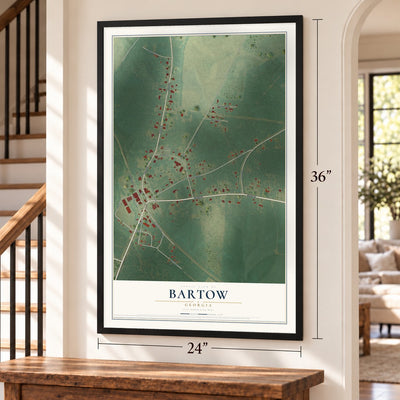 Bartow, Georgia map, 24 x 36 inch print in a black frame by a staircase