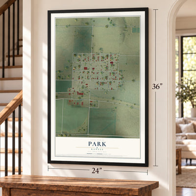 Park, Kansas map, 24 x 36 inch print in a black frame by a staircase