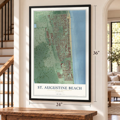 St. Augustine Beach, Florida map, 24 x 36 inch print in a black frame by a staircase
