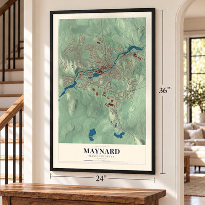 Maynard, Massachusetts map, 24 x 36 inch print in a black frame by a staircase