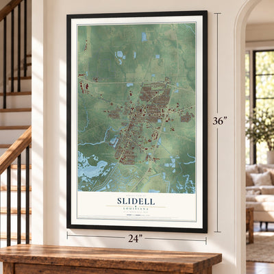 Slidell, Louisiana map, 24 x 36 inch print in a black frame by a staircase