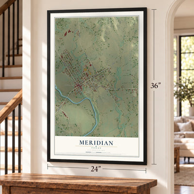Meridian, Texas map, 24 x 36 inch print in a black frame by a staircase