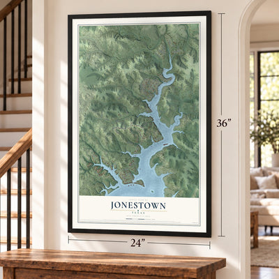 Jonestown, Texas map, 24 x 36 inch print in a black frame by a staircase