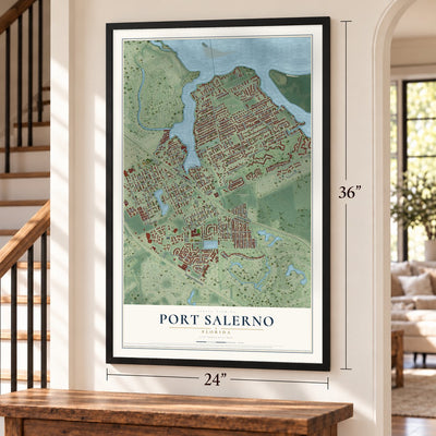 Port Salerno, Florida map, 24 x 36 inch print in a black frame by a staircase