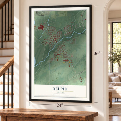 Delphi, Indiana map, 24 x 36 inch print in a black frame by a staircase