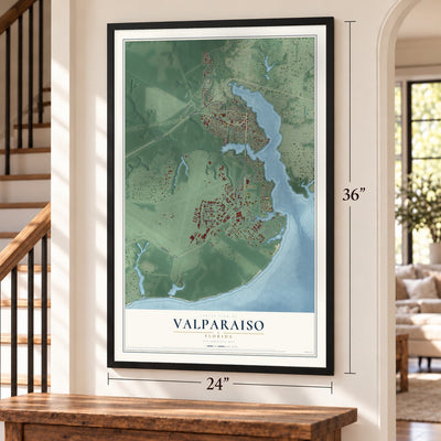 Valparaiso, Florida map, 24 x 36 inch print in a black frame by a staircase