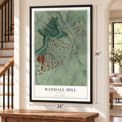 Randall Mill, Georgia map, 24 x 36 inch print in a black frame by a staircase