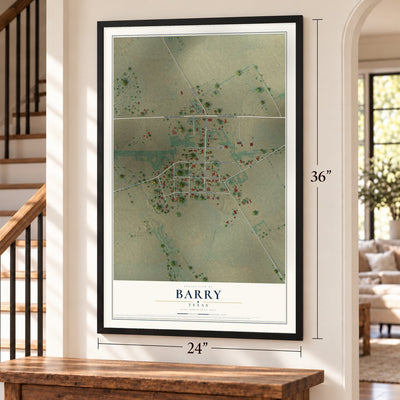 Barry, Texas map, 24 x 36 inch print in a black frame by a staircase