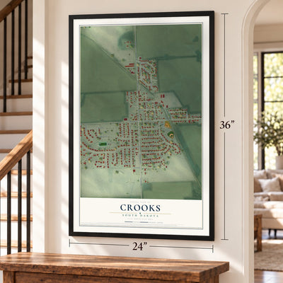Crooks, South Dakota map, 24 x 36 inch print in a black frame by a staircase