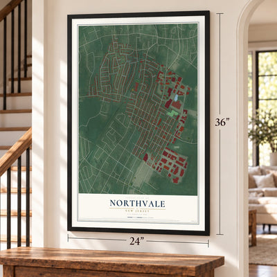 Northvale, New Jersey map, 24 x 36 inch print in a black frame by a staircase