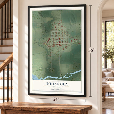 Indianola, Nebraska map, 24 x 36 inch print in a black frame by a staircase