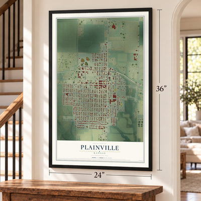Plainville, Kansas map, 24 x 36 inch print in a black frame by a staircase