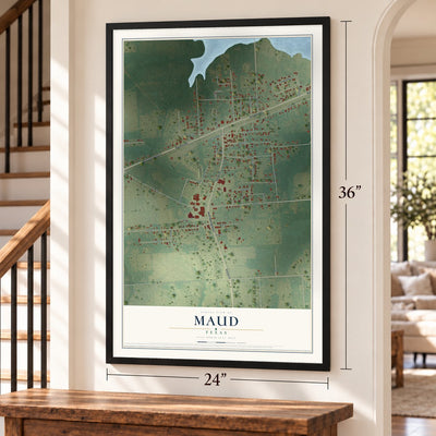 Maud, Texas map, 24 x 36 inch print in a black frame by a staircase