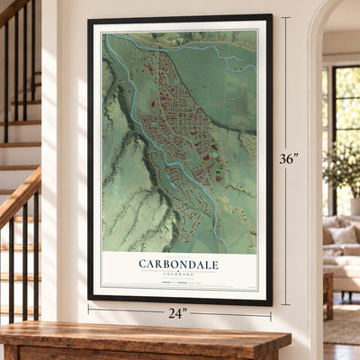 Carbondale, Colorado map, 24 x 36 inch print in a black frame by a staircase