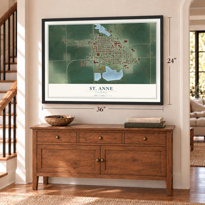St. Anne, Illinois map, 24 x 36 inch print in a black frame above a dresser by a staircase