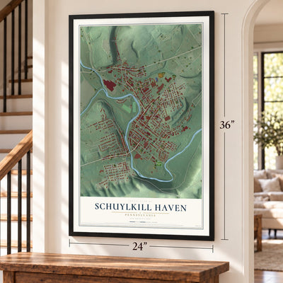 Schuylkill Haven, Pennsylvania map, 24 x 36 inch print in a black frame by a staircase