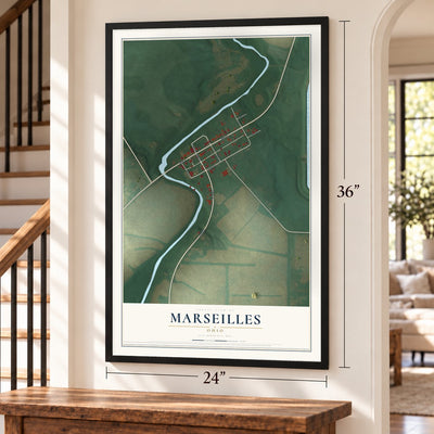 Marseilles, Ohio map, 24 x 36 inch print in a black frame by a staircase