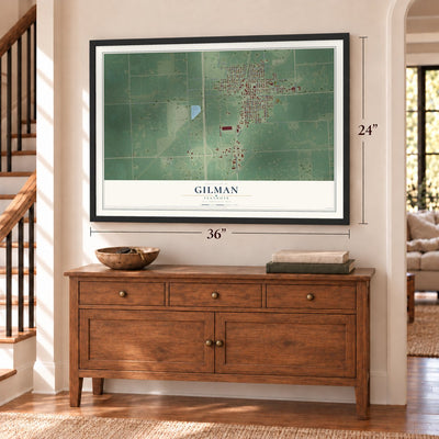 Gilman, Illinois map, 24 x 36 inch print in a black frame above a dresser by a staircase