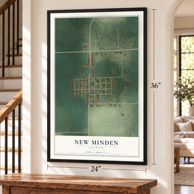 New Minden, Illinois map, 24 x 36 inch print in a black frame by a staircase