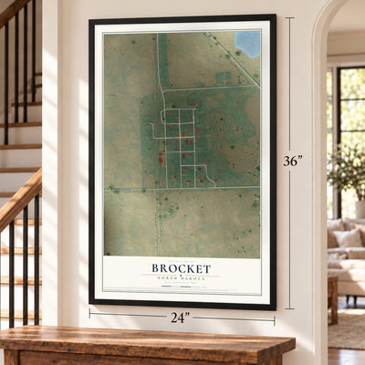 Brocket, North Dakota map, 24 x 36 inch print in a black frame by a staircase