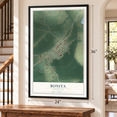 Bonita, Louisiana map, 24 x 36 inch print in a black frame by a staircase