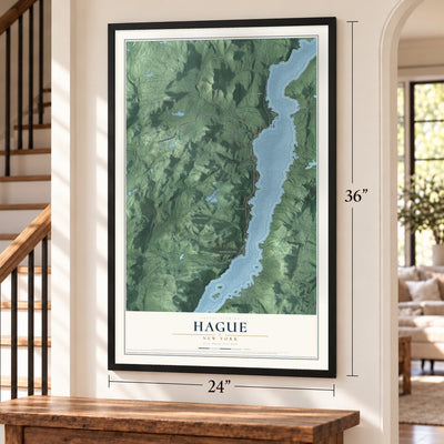 Hague, New York map, 24 x 36 inch print in a black frame by a staircase