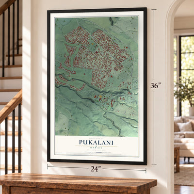 Pukalani, Hawaii map, 24 x 36 inch print in a black frame by a staircase