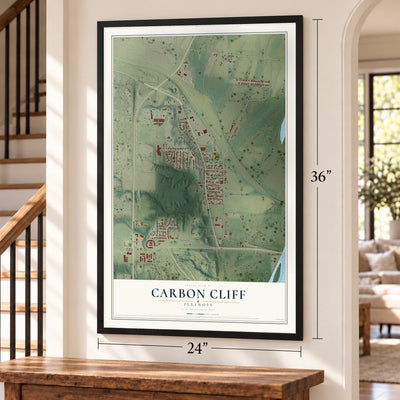 Carbon Cliff, Illinois map, 24 x 36 inch print in a black frame by a staircase