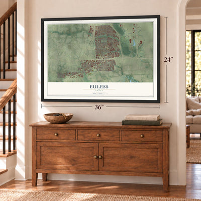 Euless, Texas map, 24 x 36 inch print in a black frame above a dresser by a staircase