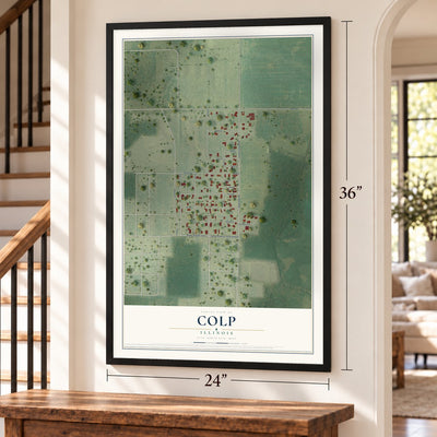 Colp, Illinois map, 24 x 36 inch print in a black frame by a staircase