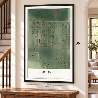 Oconee, Illinois map, 24 x 36 inch print in a black frame by a staircase