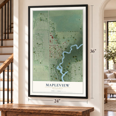 Mapleview, Minnesota map, 24 x 36 inch print in a black frame by a staircase