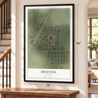 Swifton, Arkansas map, 24 x 36 inch print in a black frame by a staircase