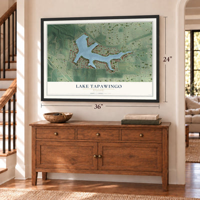 Lake Tapawingo, Missouri map, 24 x 36 inch print in a black frame above a dresser by a staircase