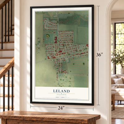 Leland, Illinois map, 24 x 36 inch print in a black frame by a staircase