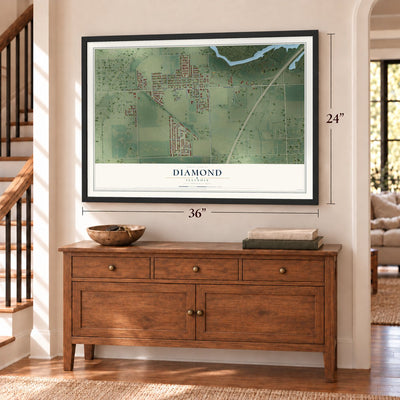 Diamond, Illinois map, 24 x 36 inch print in a black frame above a dresser by a staircase