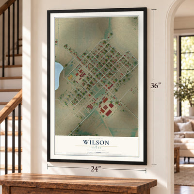 Wilson, Texas map, 24 x 36 inch print in a black frame by a staircase